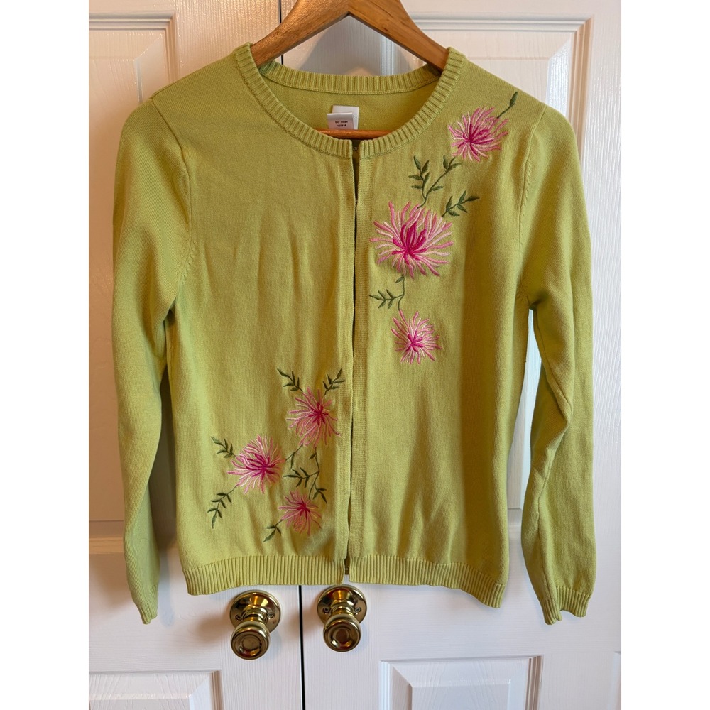 Garnet Hill Womens Green Cotton Floral Embroidered Cardigan Sweater Small